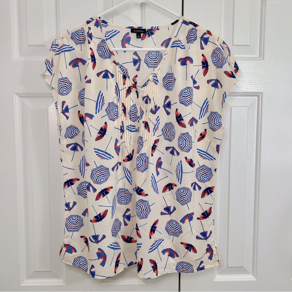 Talbots Umbrella Novelty Print V-Neck Flutter Sleeve Blouse Top Size Large